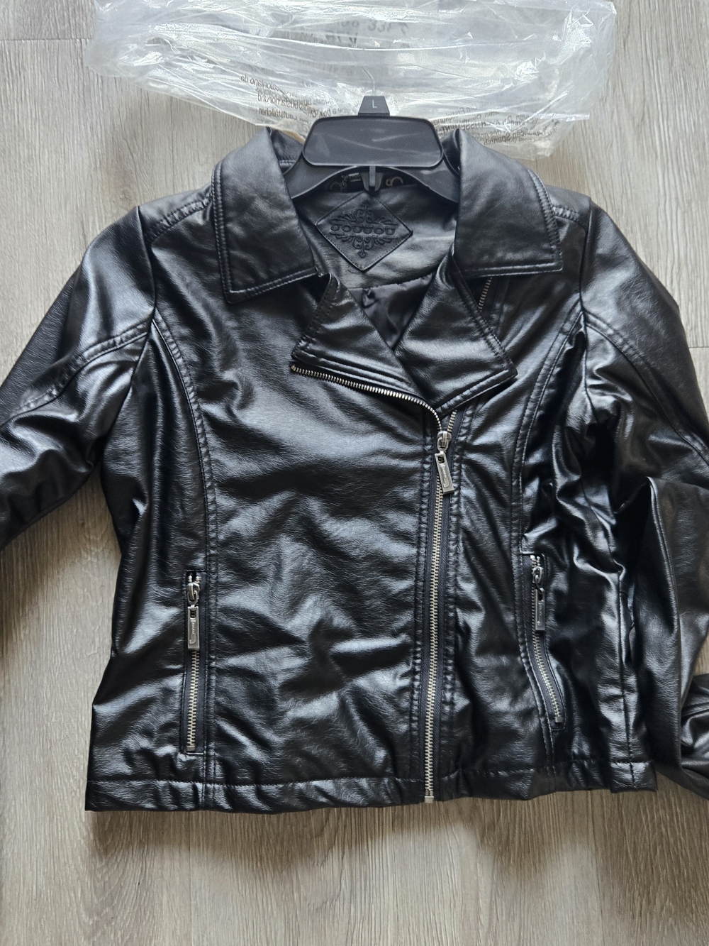 Women's Black Faux Leather Moto Jacket with Asymmetrical Zip